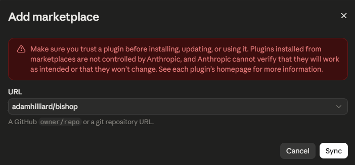 Typing adamhilliard/bishop and clicking Sync